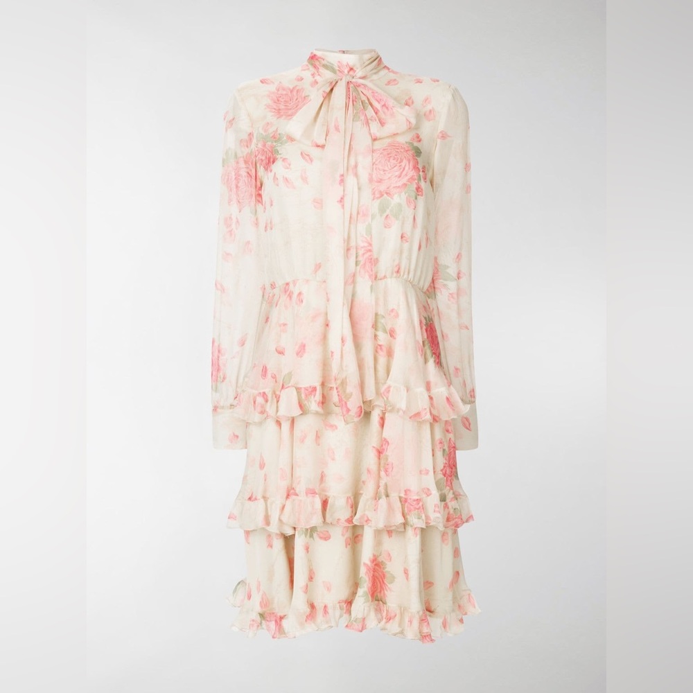 Valentino rose print tiered midi dress with bow detail